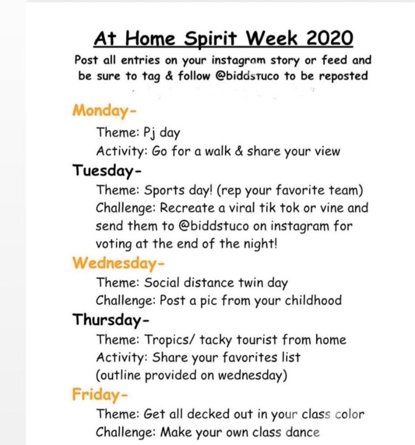 BiddStuCo's tweet photo. Next week Student Council is putting on an at home spirit week!!! 4/6-4/10 https://t.co/JsEPYh096F