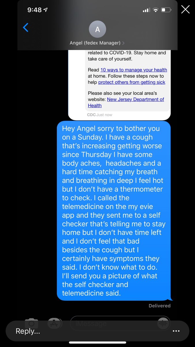 sam_digregorio's tweet photo. This is the message my brother in law sent to his boss @FedEx WHY SHOULD HE BE WORRIED ABOUT HIS PAY OR HOW MANY SICK DAYS HE HAS AT A TIME LIKE THIS ????? #fedexoffice https://t.co/lKIqOutTZK