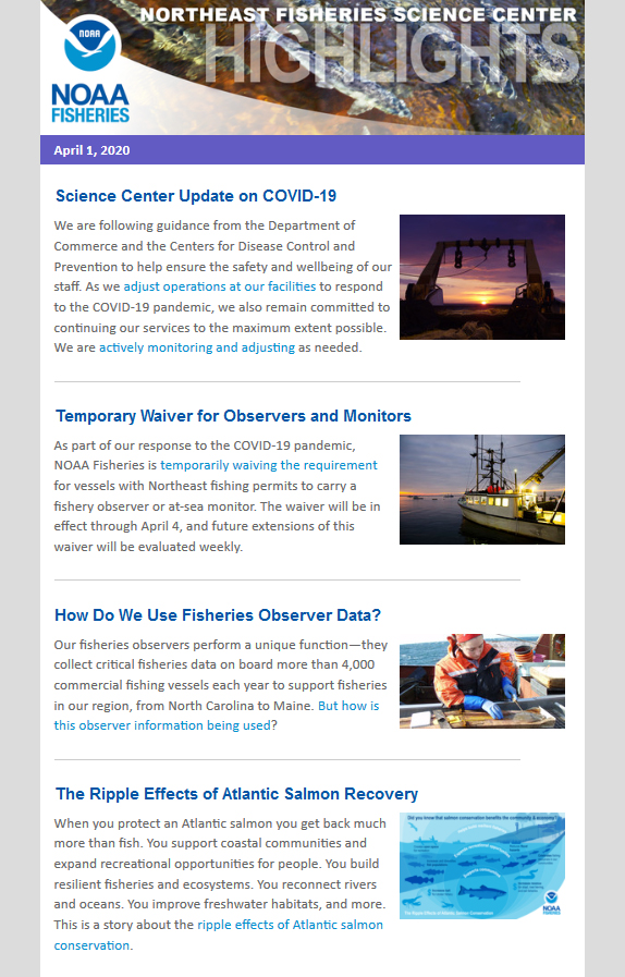 Our April eNewsletter is out! In it we talk COVID-19, waiver for fisheries observers/monitoring, observer data, fishermen helping w/ acoustic research, #AtlanticSalmon, 2020 stock assessments, #WomensHistoryMonth, #STEM webinars for kids, more: bit.ly/2X1pe6n.
