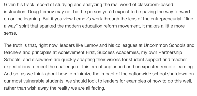 This article form  @educationgadfly starts with a ridiculously disingenuous frame that we would not expect Teach Like a Champion Doug Lemov to be able to "innovate" to online, but conducting surveillance online is even easier than in person.  https://fordhaminstitute.org/national/commentary/revolution-education-born-necessity