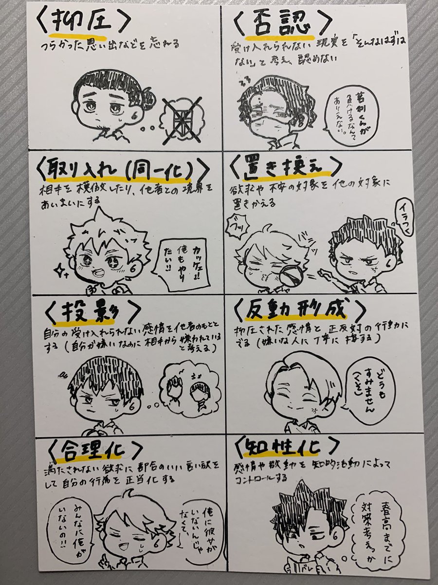 防衛機制覚えるためにとりあえず描いた方が覚えるってなって高速で描いたハイキュー
紙探すのもめんどかったのではがきに書いた笑 