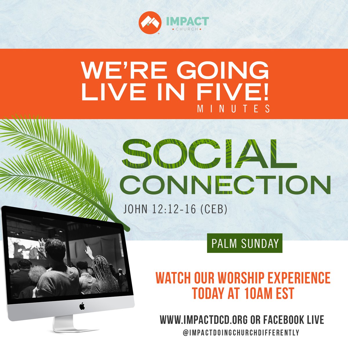 impactdcd's tweet photo. We're going LIVE in FIVE minutes for our Online Worship Experience! Tune in for a very powerful Palm Sunday message! Post a picture of your at home experience on social media, tag us and use #ImpactDCD #ImpactOnlineExperience when posting. https://t.co/PtBLv22JbV https://t.co/LMtBbFi7sK