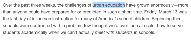 Please note that these online, authoritarian methodologies are specifically aimed at what  @educationgadfly calls the problem of "urban education." These approaches are necessary for black and brown students according to the school reformers.