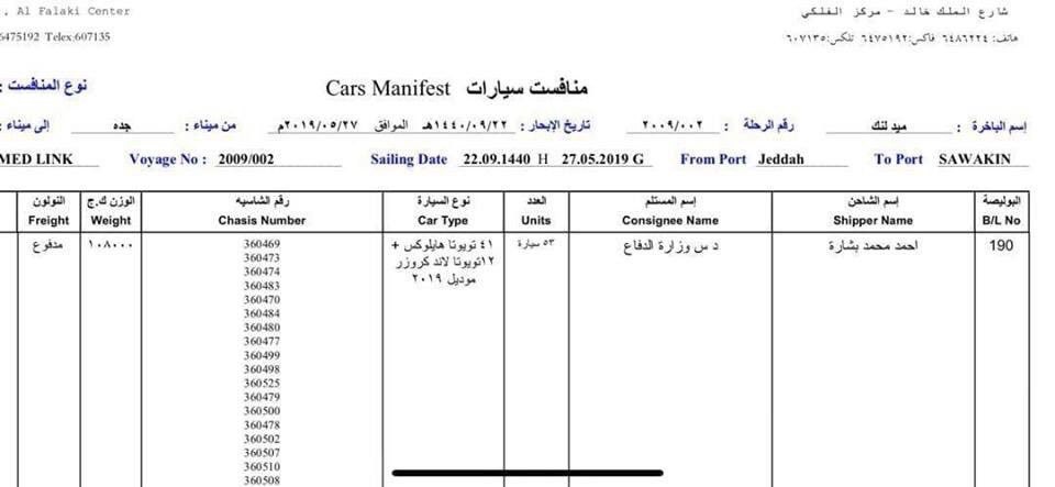 Separately, a shipping document entitled a ‘cars manifest’ circulated on social media. This specifies that 53 Toyotas were shipped from Jeddah to Sawakin on 27 May 2019. The consignee name in the manifest is “RSF – Ministry of Defence”.11/