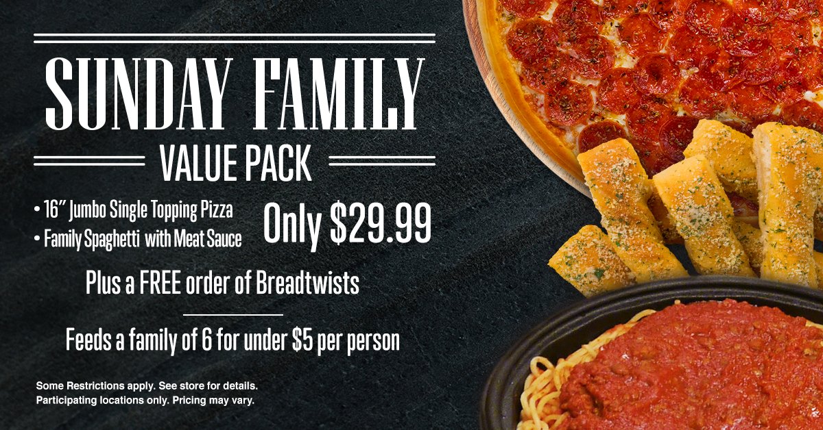 valentinospizza's tweet photo. Dinner is ready! Get all your favorites for the whole family with our Sunday Family Value Pack, plus a FREE order of #Breadtwists π₯https://t.co/fgDsKyTuop #Carryout #Delivery #CurbsidePickup https://t.co/NNAe2sHfG9