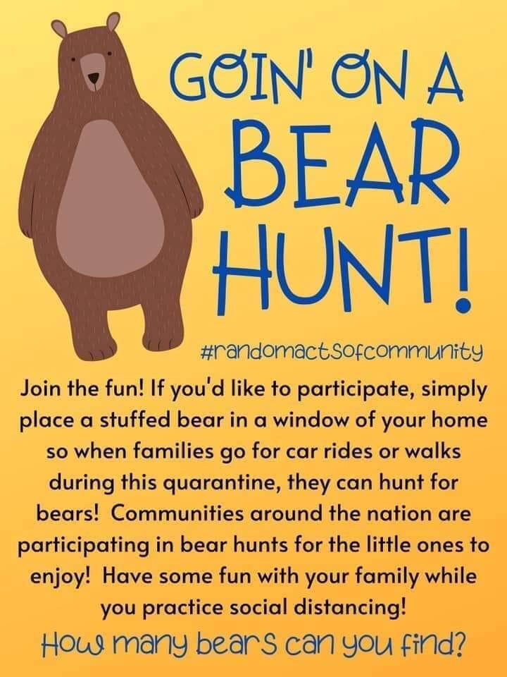 MomsInMotionVA's tweet photo. Join the fun! Communities around the nation are participating in bear hunts for the little ones to enjoy! Have some fun with your family while you practice social distancing!
#bearhunt #randomactsofcommunity #bears #socialdistancing #COVID19 #inthistogether #momsinmotion https://t.co/SKF0Xdl6EJ