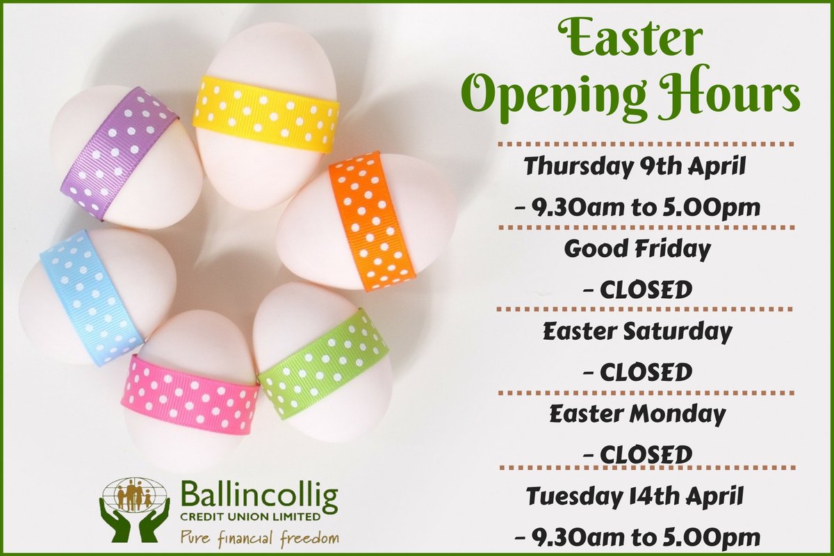 Ballincollig_CU's tweet photo. Please see our Easter Opening Hours for next week. https://t.co/T1bi0aO3bV