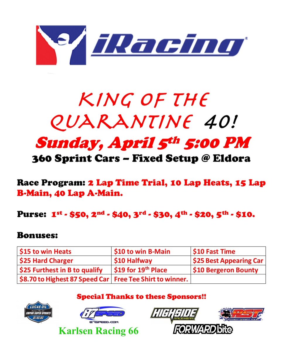 Its Virtual Race Day! King of the Quarantine 40 <a href="/EldoraSpeedway/">ELDORA SPEEDWAY</a> <a href="/iRacing/">iRacing</a>