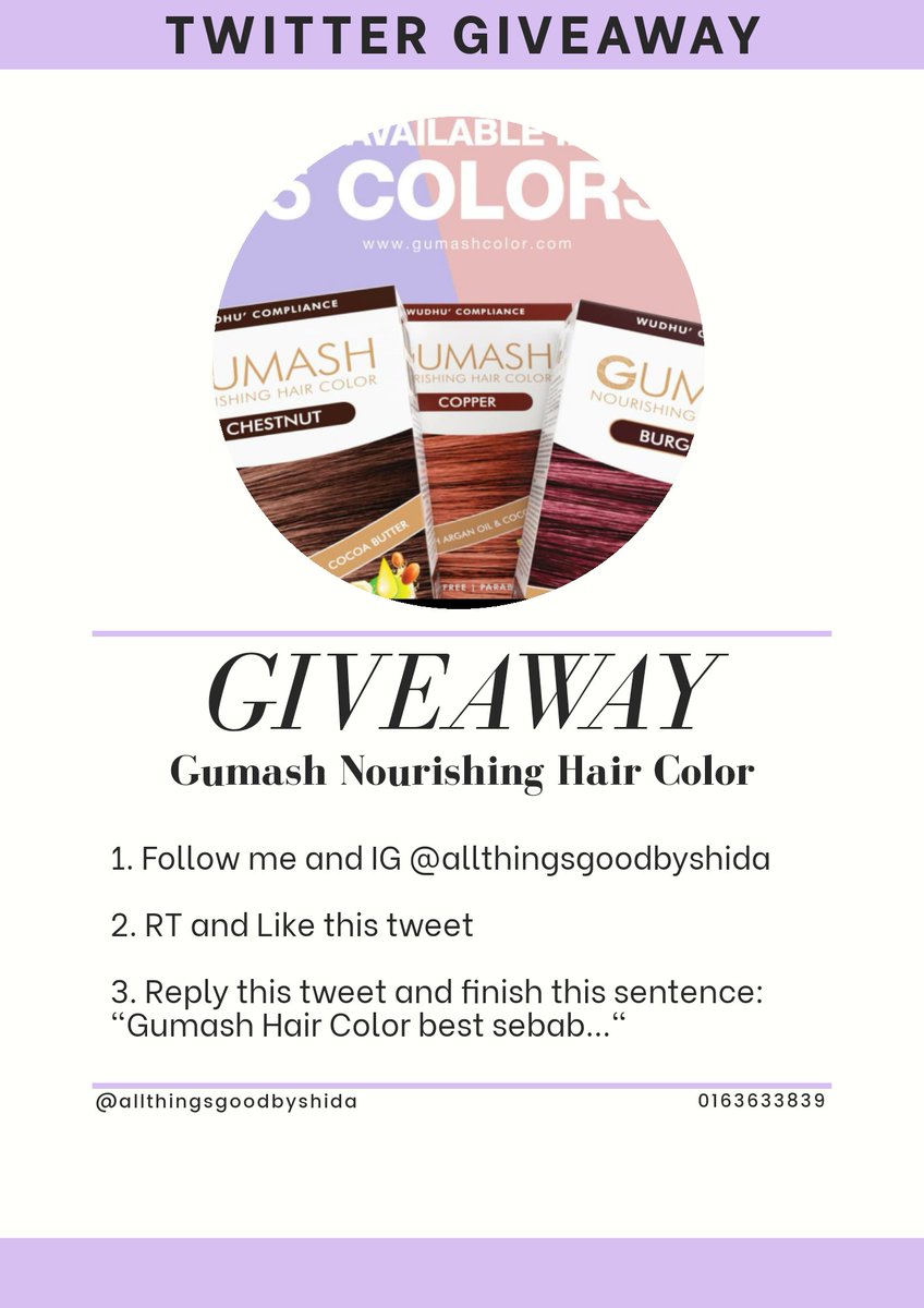 GIVEAWAYI dpt award as one of the BEST STOKIS Gumash recently! So I nak bagi FREE 1 PACK OF GUMASH HAIR COLOR TO 1 LUCKY PERSON!1. Follow me & my ig shop 2. RT & LIKE this tweet3. REPLY & finish this sentence: "Gumash Hair Color best sebab..." https://twitter.com/nunnajmeen/status/1238653064069787648?s=19