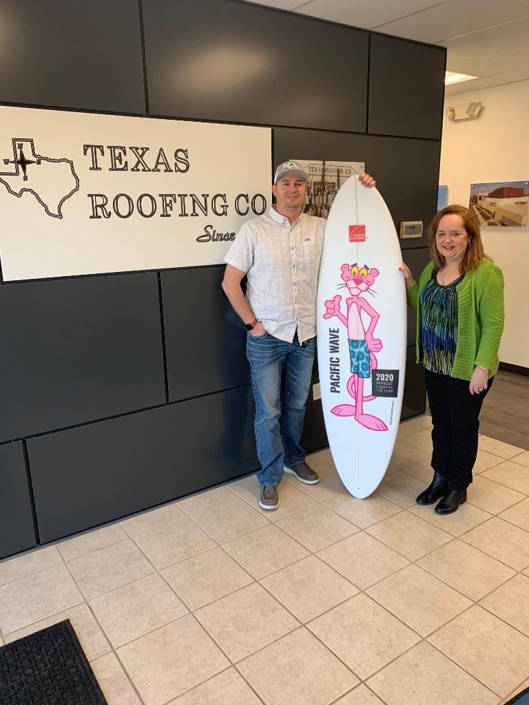 OCRoofingLLC's tweet photo. Congratulations to Lisa Birkman - Texas Roofing, winner of the Pacific Wave-inspired surfboard drawing at #IRE2020. Enjoy! 🏄 🤙 #ShingleColoroftheYear https://t.co/ThZ3zvuRdL