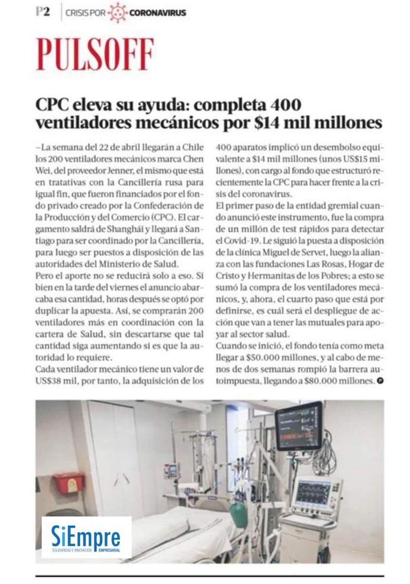 ✔️400 ventiladores mecánicos serán puestos a disposición del ministerio de Salud, gracias al aporte realizado proveniente del Fondo Privado para la Salud de Chile. #SiEmprePorChile #ComprometidosPorChile #CPC