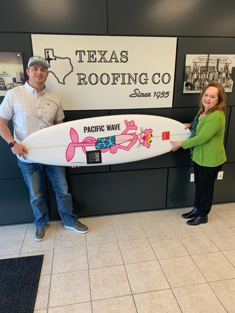 OCRoofingLLC's tweet photo. Congratulations to Lisa Birkman - Texas Roofing, winner of the Pacific Wave-inspired surfboard drawing at #IRE2020. Enjoy! 🏄 🤙 #ShingleColoroftheYear https://t.co/ThZ3zvuRdL
