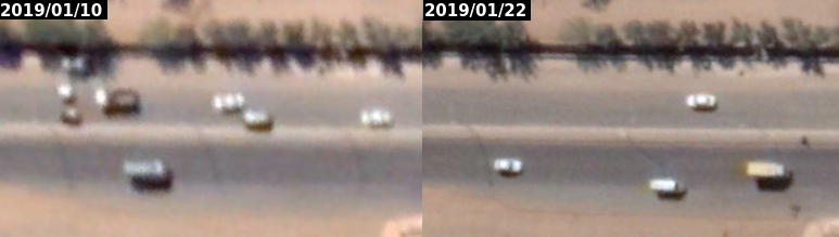 By comparing imagery from 10 Jan to 22 Jan 2019,  @john_marquee shows from the (faint!) shadows that the lamp post was damaged sometime between those two dates. See how the shadow of the middle pole changes?i.e. the photos were taken at some point after 10 January 201917/