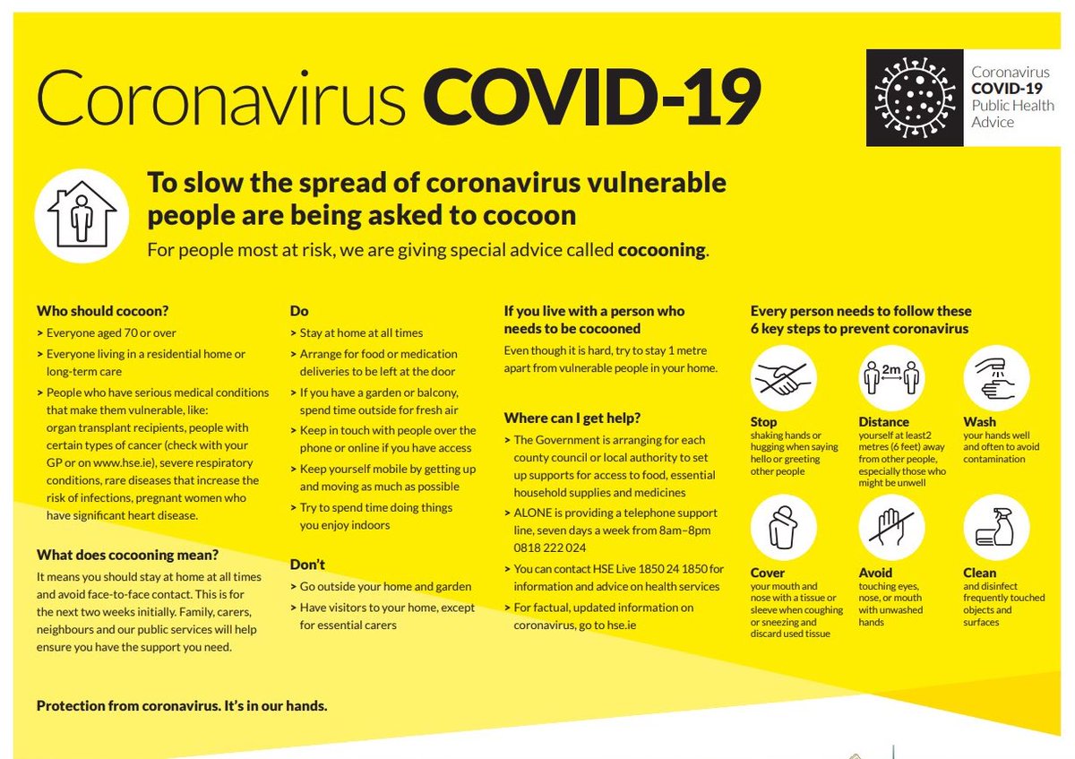 Department of Health on Twitter: "To help stop spread of #covid19 # coronavirus, the over 70s and people with underlying medical conditions are asked to #cocoon. Save/share this explainer on cocooning if you