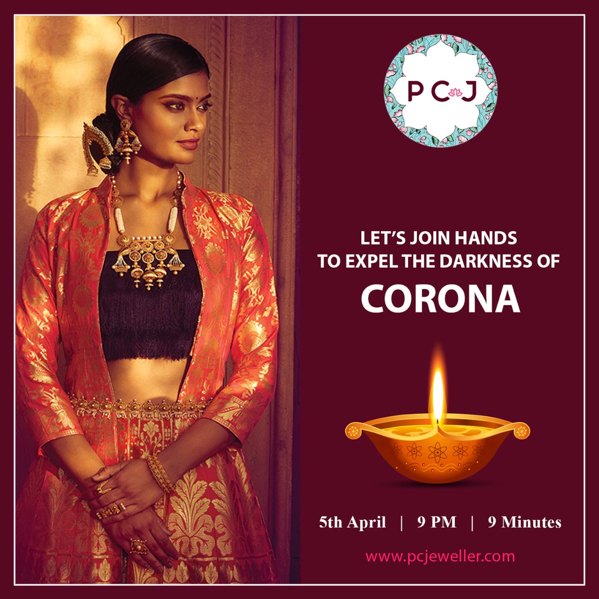 PCJeweller's tweet photo. Let’s show our support to Prime Minister @narendramodi's request to hold #Candles, #lamps or #mobileflashlight at #9PM9Minutes on today as a symbol of solidarity in the fight against #Corona.
Let's spread positivity & light @PCJeweller https://t.co/ZTYkmxRWbz