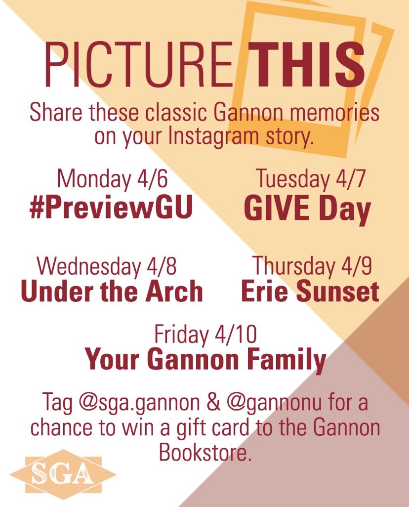 gannonsga's tweet photo. Hey Gannon Family! This week on Instagram: SGA is hosting a “Picture This” Spirit Week!

Tag us and @GannonU on your Instagram story each day for the opportunity to win a gift card to the bookstore! https://t.co/GnhbpMQ4rC