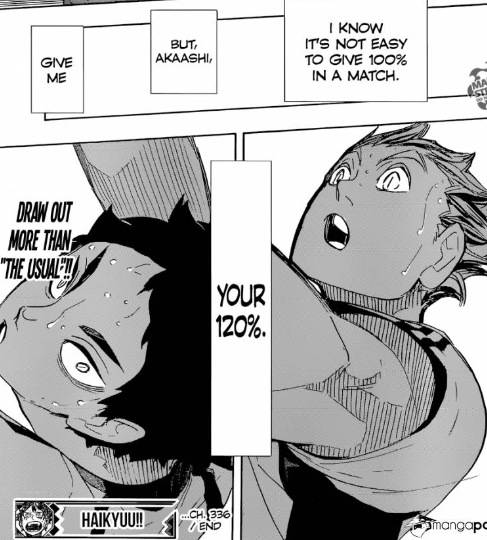 we can joke abt how akaashi "fell first" but no denying here that these two trust each other on such??? a deep level that bokuto, who acknowledges giving 100 is hard, is asking akaashi for 120, and akaashi the serial overthinker is willing to take a risk and try whatever bk wants