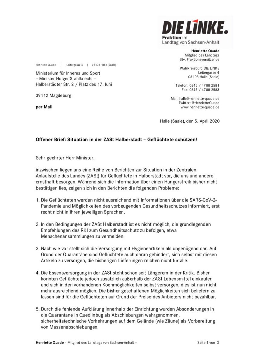 HenrietteQuade's tweet photo. Die Situation der Geflüchteten in der #ZASt #Halberstadt muss dringend verbessert werden! Mit @Petra_Sitte_MdB @Birke_Bull @jankortemdb @MatthiasHoehn habe ich dazu an Innenminister #Stahlknecht @MISachsenAnhalt geschrieben.
Brief 👉 https://t.co/VS7Mal1rDG #LeaveNoOneBehind https://t.co/UL9QwBhRxq