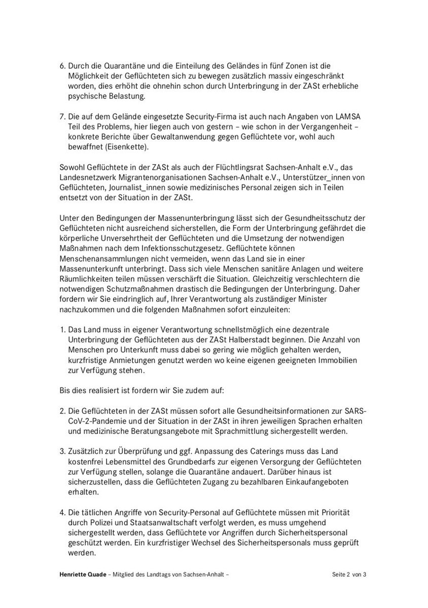 HenrietteQuade's tweet photo. Die Situation der Geflüchteten in der #ZASt #Halberstadt muss dringend verbessert werden! Mit @Petra_Sitte_MdB @Birke_Bull @jankortemdb @MatthiasHoehn habe ich dazu an Innenminister #Stahlknecht @MISachsenAnhalt geschrieben.
Brief 👉 https://t.co/VS7Mal1rDG #LeaveNoOneBehind https://t.co/UL9QwBhRxq