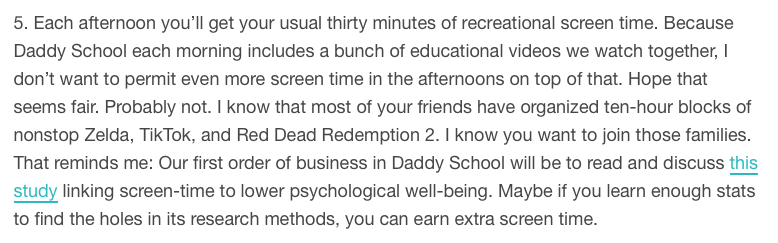 While Success Academy has students working on screens every moment of their 8-hour day. The school reformer who runs Daddy School for his own children is deeply concerned about the impact of too much screen time. What is the best practice?  @educationgadfly  @MichaelPetrilli