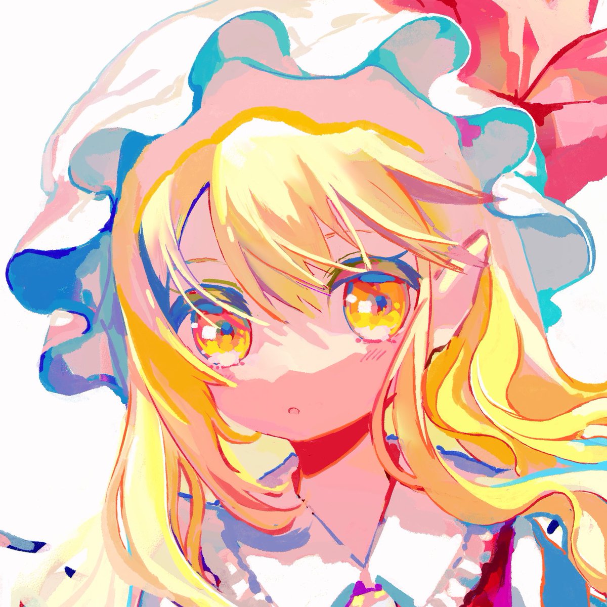 flandre scarlet 1girl blonde hair hat solo mob cap yellow eyes white background  illustration images