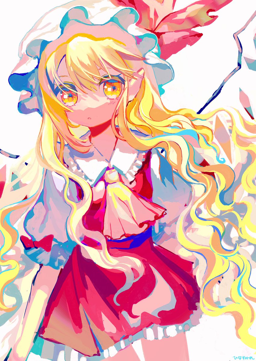 flandre scarlet 1girl blonde hair hat solo mob cap yellow eyes white background  illustration images