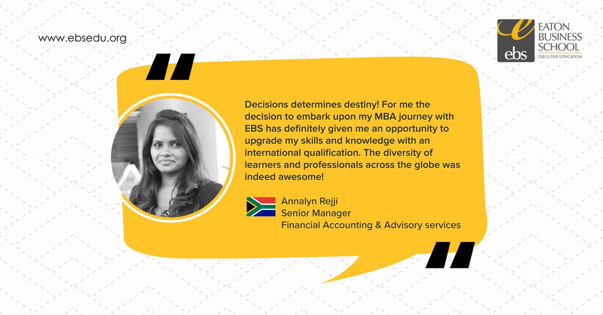 EatonBizSchool's tweet photo. Based in South Africa, Annalyn is pursuing her Executive MBA through our flexible Live Interactive Online classes.

#EBSoluteTestimonials #ExecutiveMBA #OnlineMBA #DistanceLearningMBA #1yearMBA https://t.co/YGWjQWDBaB