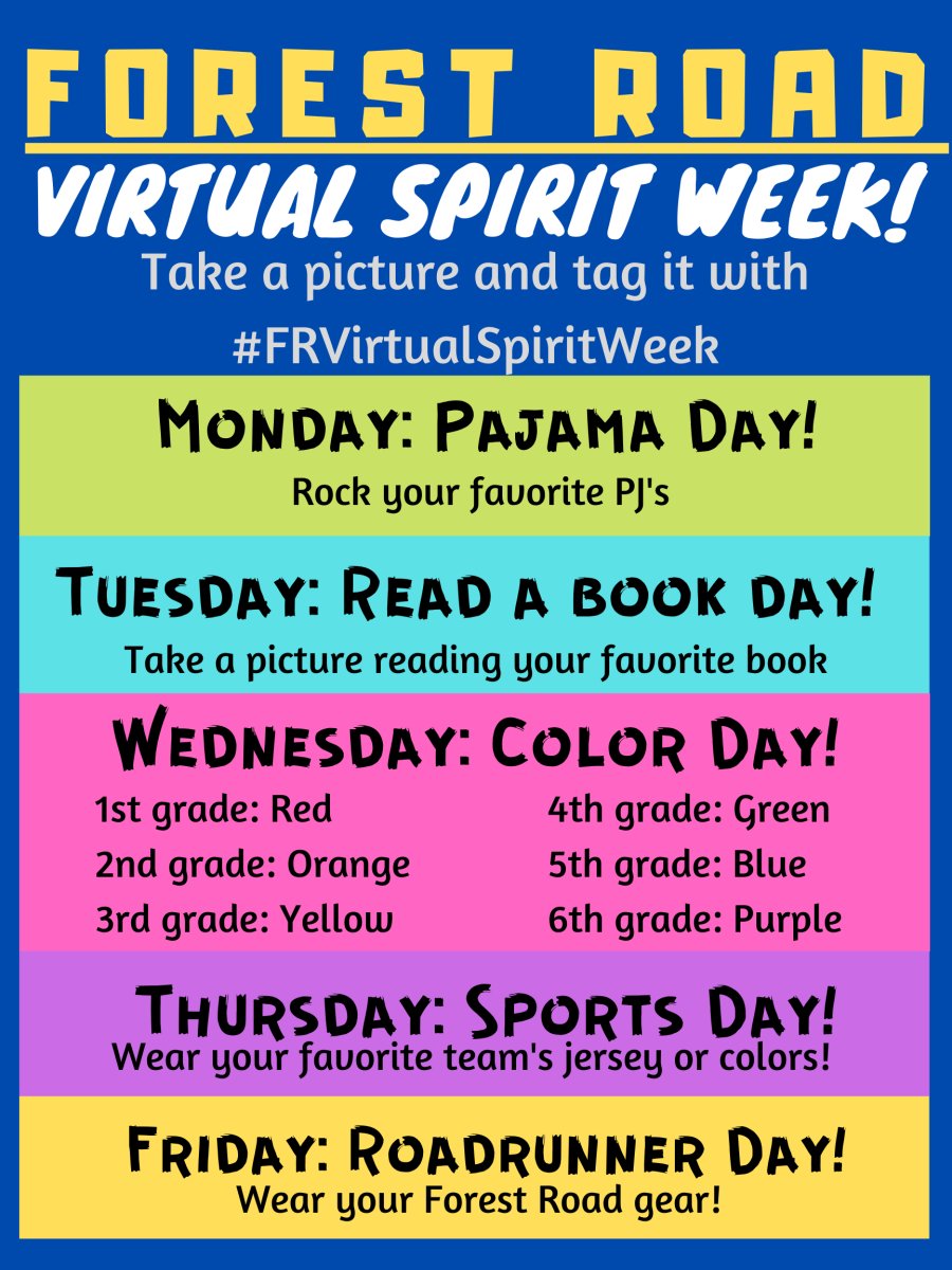 MsJarrick's tweet image. Who's ready for Forest Road Spirit Week!?! Even though we are apart we are all still Roadrunners together, so let's show off our FR pride! #FRVirtualSpiritWeek @FRStuCouncil