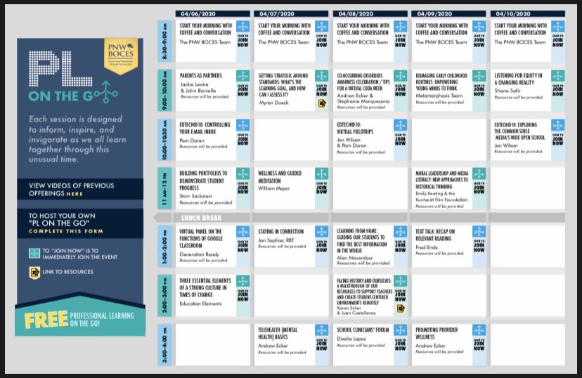 .<a href="/pnwboces/">PNW BOCES</a> #PLontheGO schedule is now live for the week! Join <a href="/myrondueck/">Myron Dueck</a>, @mssackstein, <a href="/ShaneSafir/">Shane Safir</a>, <a href="/facinghistory/">Facing History</a>, <a href="/GenerationReady/">Generation Ready</a>, &amp; other thought leaders as we explore our pedagogical approaches, challenges &amp; successes in the current climate. INFO: pnwboces.org/PLontheGo/Home