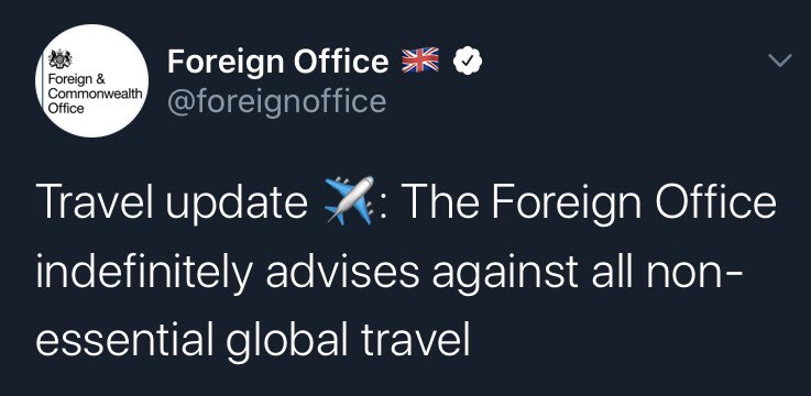 The latest Travel update from the  @foreignoffice “Indefinitely” I’m sure the Airlines will be working on a suitable ‘refund avoidance’ rule.  @British_Airways  @klm  @azalofficial  @butaairways  @flymepegasus