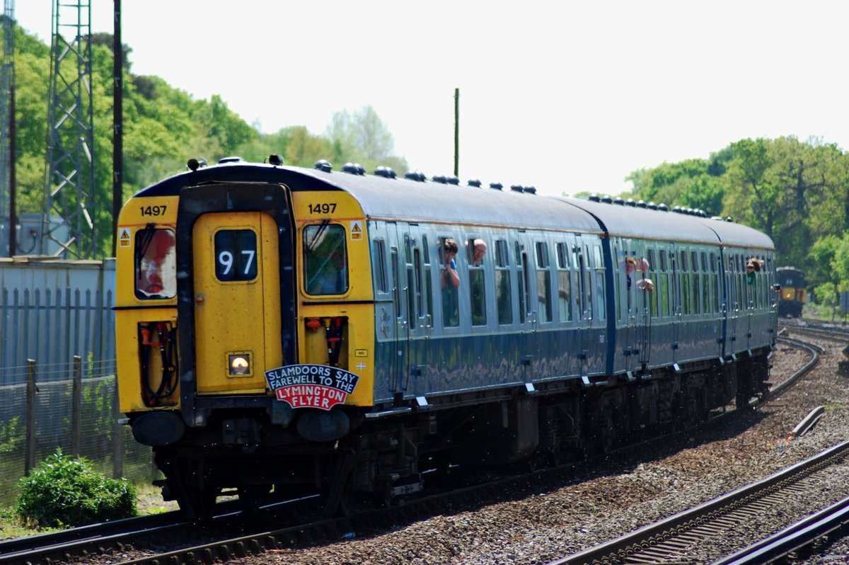 5/Slamdoor farewell.Class 421 1497 arrives into Brockenhurst on the last day of slamdoor stock on South West Trains, shuttling between Lymington Pier and Brockenhurst. 1498 is seen in the distance. 22nd May 2010.