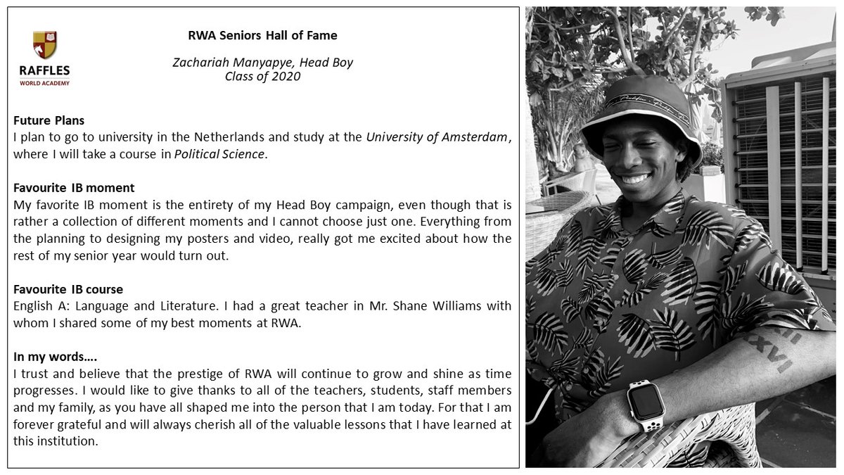 #2 in the RWA Seniors Hall of Fame series.........Zachariah Manyapye, Head Boy, Class of 2020. <a href="/RWA_IBDP/">IBDP | Raffles World Academy</a> #RWAgrade12 #RWAachievement