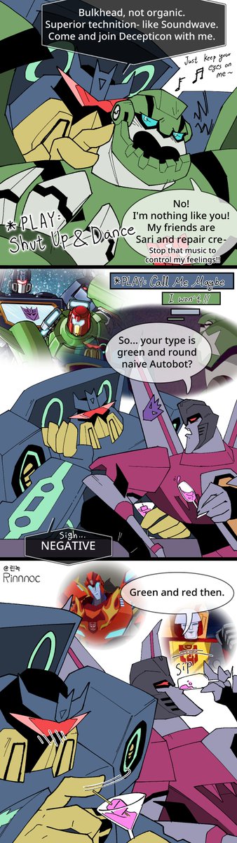 Rinnnoc's tweet photo. TFA: Soundwave, Bulkhead and Starscream.

~ Soundwave's Type ~

PLEASE ship them.
TFA Soundwave deserve more fan arts and fanfics.
I wish we could see more of him in the show.

-

한글판은 아래에 https://t.co/H2LrmU9dA3