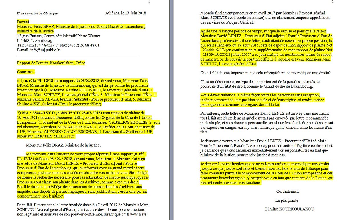 Kourkoulakou Dimitra No 15 Cd Rapport De Plainte De D Kourkoulakou Devant Le Procureur D Etat Du Luxembourg Contre Les Organes De La Cjue V Skouris C Popotas A Calot Escobar