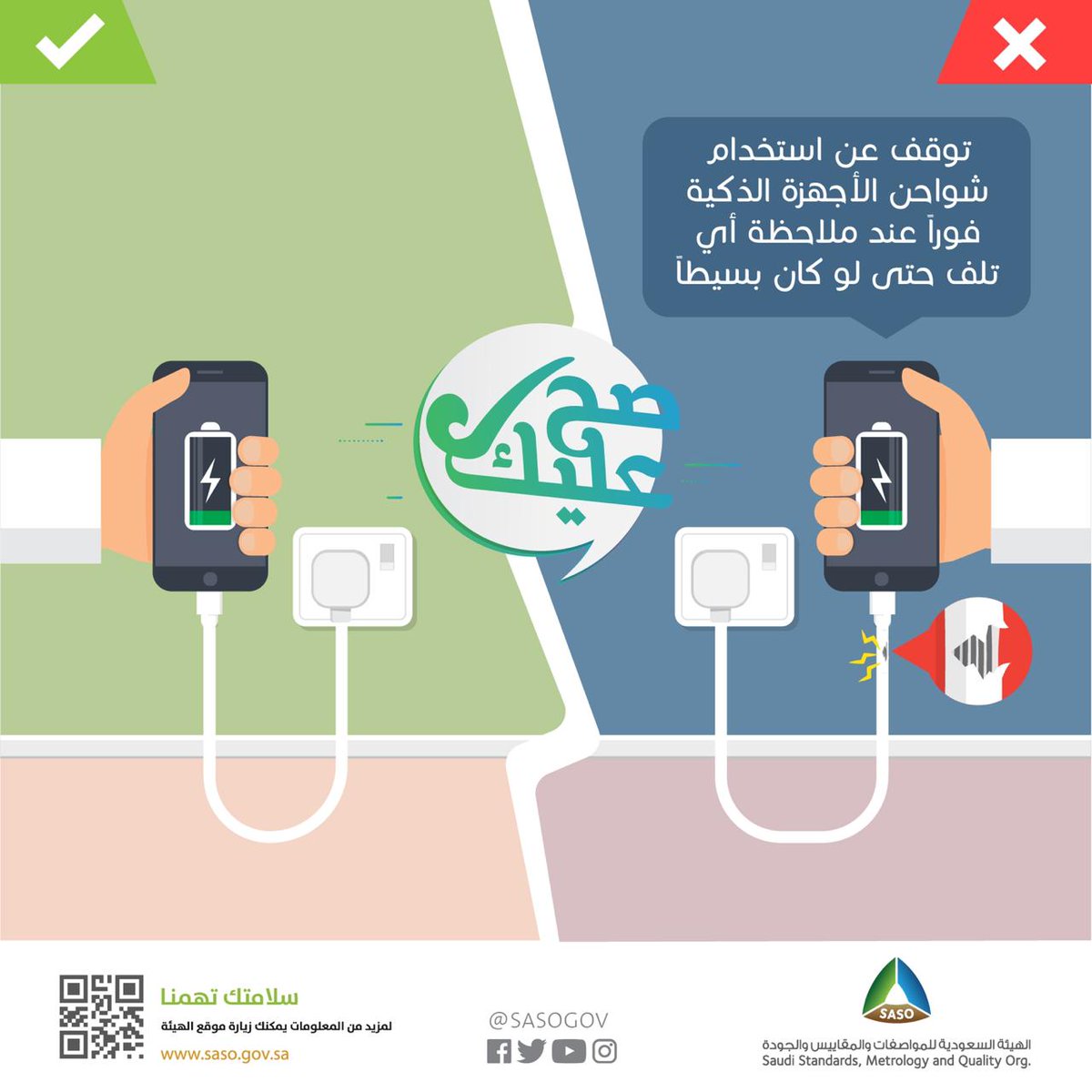 توقف عن استخدام شواحن الأجهزة الذكية فوراً عند ملاحظة أي تلف، حتى لو كان بسيطاً
.
#سلامتك_تهمنا