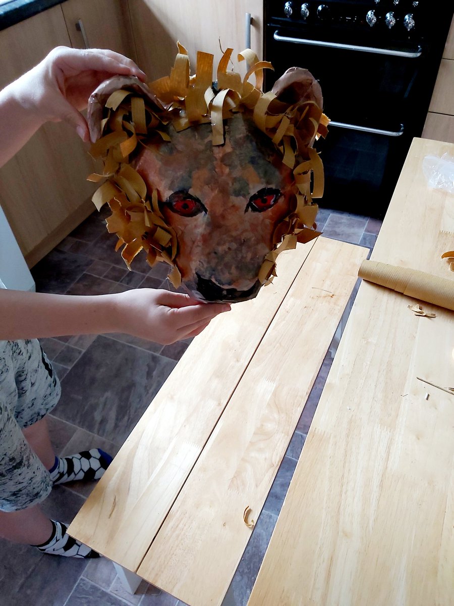 kay820108's tweet photo. It's been a week long labour of love for Lucas but he's finally finished his paper mache lion king head sculpture and I FINALLY get my kitchen table back! @JCAWakefield 
#LionKing #art #downtime https://t.co/Yenh7fKfJS