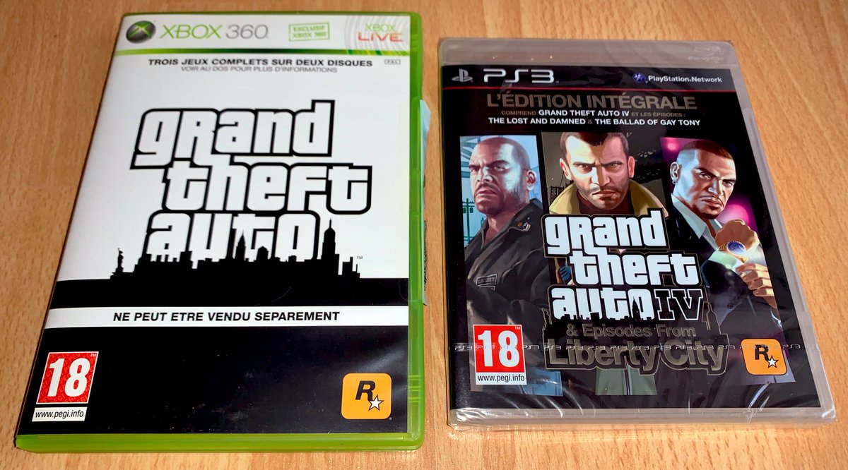 Grand Theft Auto (2009) Ce bundle, aux visuel et titre de compilation étonnants, est exclusif au pack Xbox 360 Elite associé.Il inclut GTA IV et Episodes from Liberty City sur 2 disques séparés, contrairement à l’édition "complète" sortie ultérieurement, sur PS3, 360 et PC.