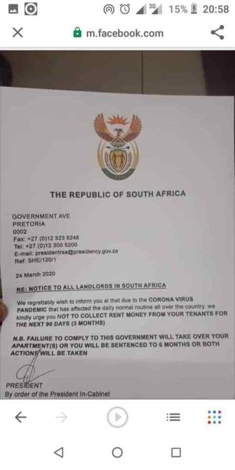 Kabe83720086's tweet photo. @PresidencyZA .Good day is it true the presidency has given tenants exemption of 6 months rental free ? If so are the landlord also exempted to pay for municipality services for 6 months ? My tenant gave me this document and i am a bit concerned. https://t.co/j3SIxLlPJt