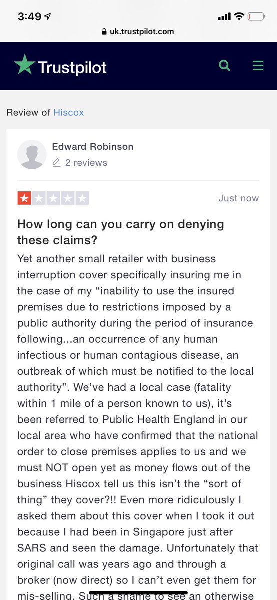 Interesting to see that 100% of the reviews for Hiscox in the last two weeks were 1 star. How long can they keep this up? And if the policy was so clear how come so many people “misunderstood” and believed they had cover? <a href="/HiscoxUK/">Hiscox UK</a> <a href="/paullewismoney/">Paul Lewis</a> <a href="/Moneybox/">BBC Money Box</a> #shameonhiscox