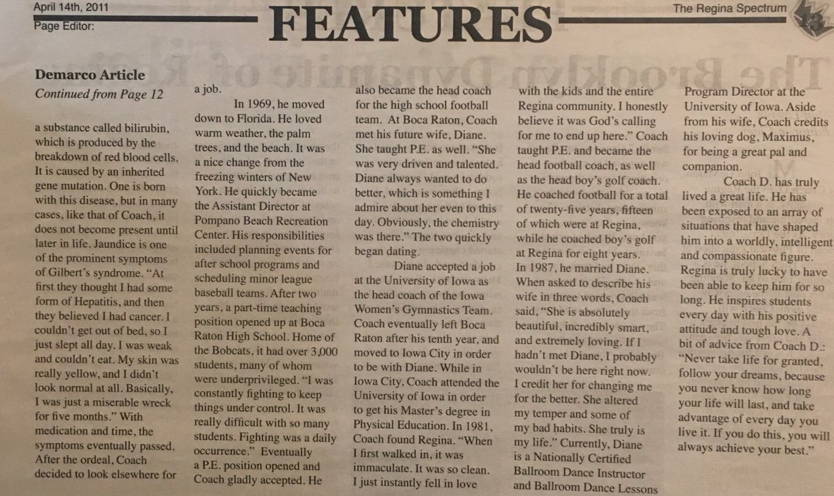 All cred goes to a young Matt Lincoln for writing this a few years back in the Regina Spectrum and to <a href="/EdWallaceIA/">Ed Wallace</a> for sharing this. If anyone wants to know what the Regina community has lost, take five minutes to read this article about Coach John DeMarco. #FortheBlueFightFight