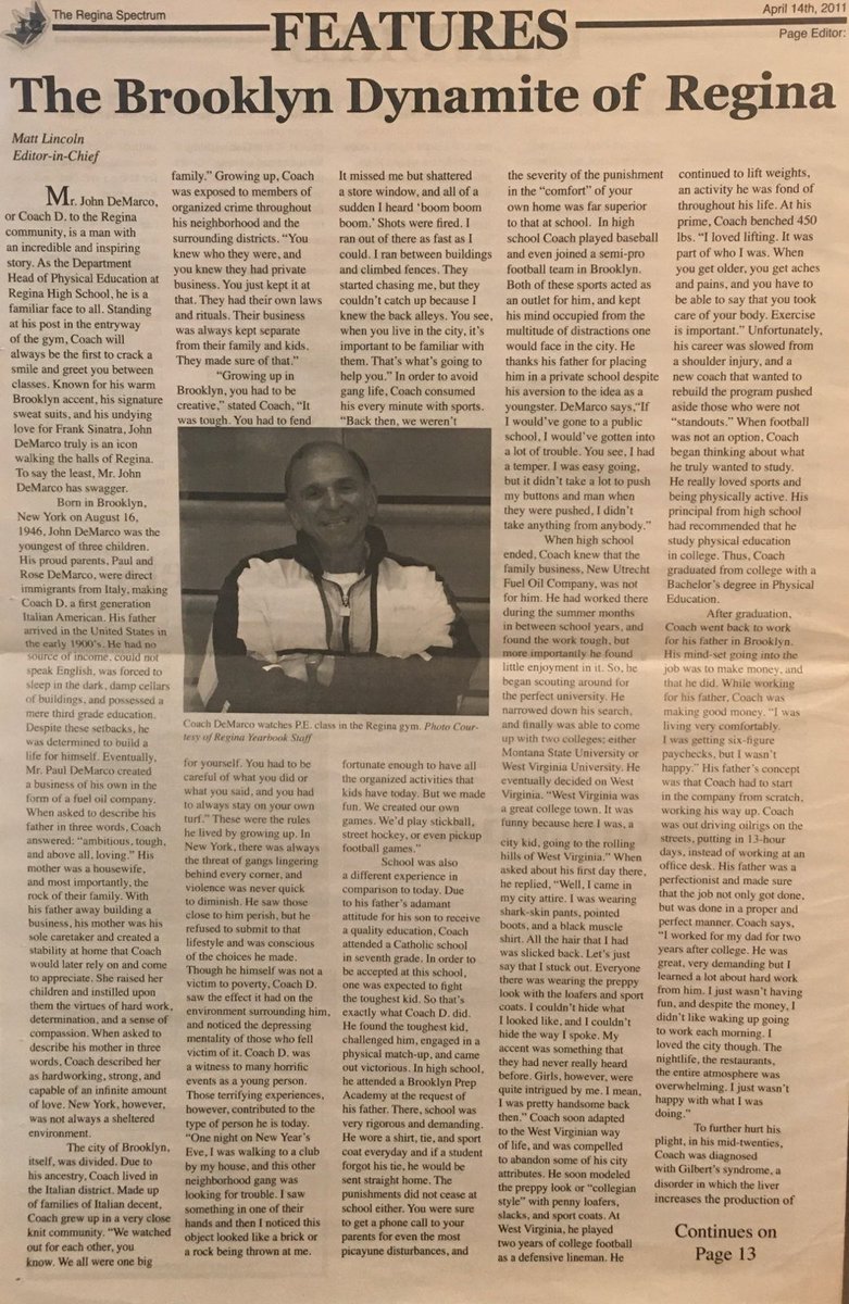 MrsGlobokar's tweet photo. All cred goes to a young Matt Lincoln for writing this a few years back in the Regina Spectrum and to @EdWallaceIA for sharing this. If anyone wants to know what the Regina community has lost, take five minutes to read this article about Coach John DeMarco. #FortheBlueFightFight https://t.co/EOR5E2d9eg