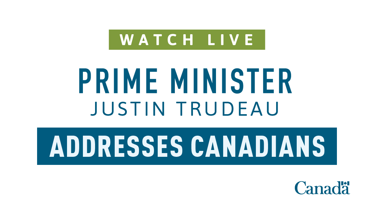 CanadianPM's tweet photo. Watch live: Prime Minister Justin Trudeau addresses Canadians on the #COVID19 situation from Rideau Cottage, in Ottawa. https://t.co/Vq98tFkXdx https://t.co/e0NLzyCuEA