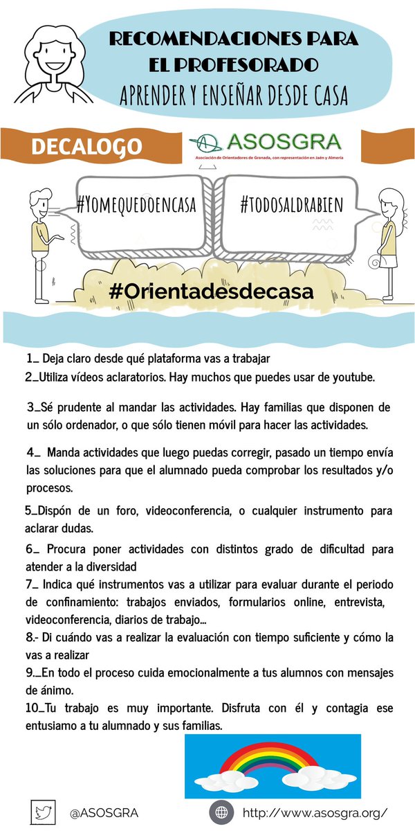 ASOSGRA's tweet photo. #Asosgra #Orientadesdecasa Infografía sobre recomendaciones para el profesorado para enseñar-aprender desde casa y recopilación de materiales publicados durante cuarentena #Covid_19 AQUÍ: https://t.co/TbfoaxztrQ https://t.co/gVXbnbPG3v