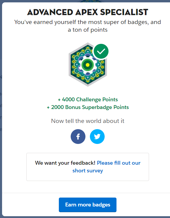 ramsedutwit's tweet photo. Finally!!! #AdvancedApexSpecialist #superbadge is done!. Now I'm going to focus on PD2 #certification!!!.

#TrailheadQuests #BeSuperQuest #Trailhead #Ohana #Salesforce #Trailblazers #TopTrailblazer #Trailhead #Salesforce #SocialIsolation #SocialDistancing #lockdown #NoSwitchOff https://t.co/VJC9CENzFE