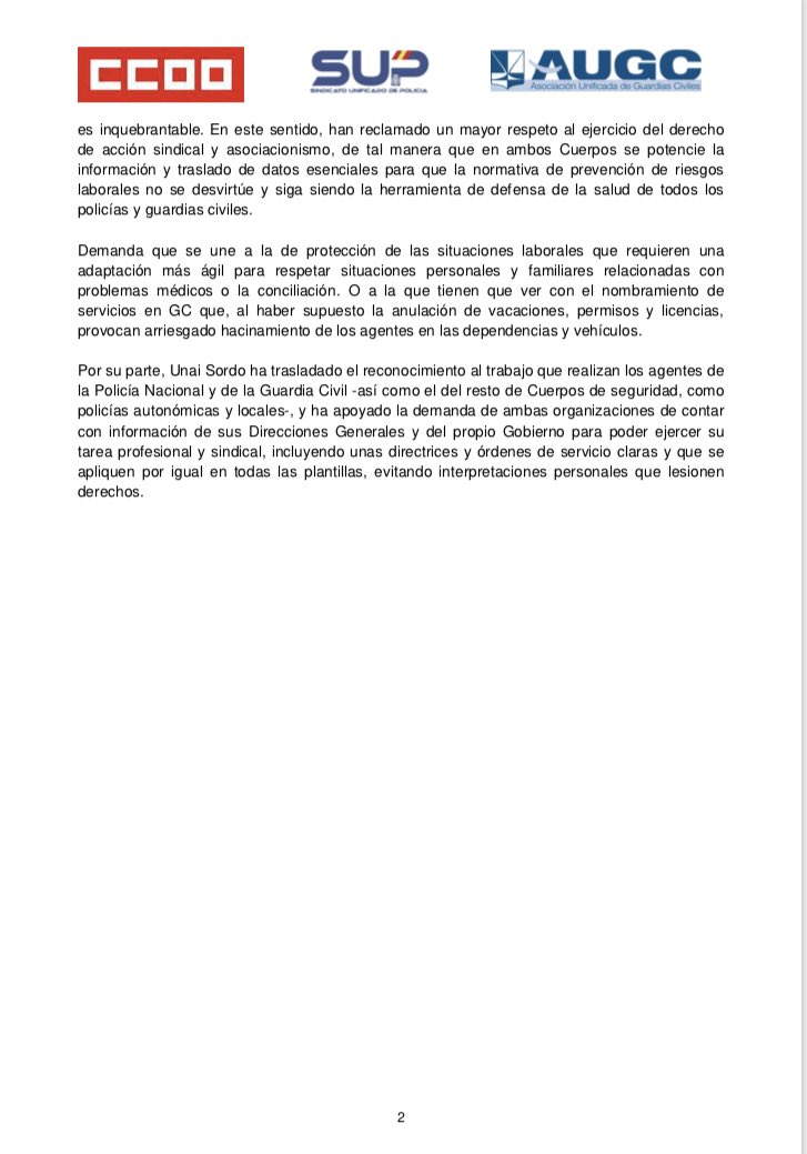 🗞 <a href="/CCOO/">COMISIONES OBRERAS</a>, <a href="/AUGC_Comunica/">AUGC Guardia Civil 🇪🇸</a> y <a href="/Sup_Policia/">SUP</a>  hacen un llamamiento al Gobierno para reforzar la interlocución con los representantes de los agentes. Las tres organizaciones comparten la necesidad de proteger mejor la salud de los profesionales de la seguridad pública #Covid_19