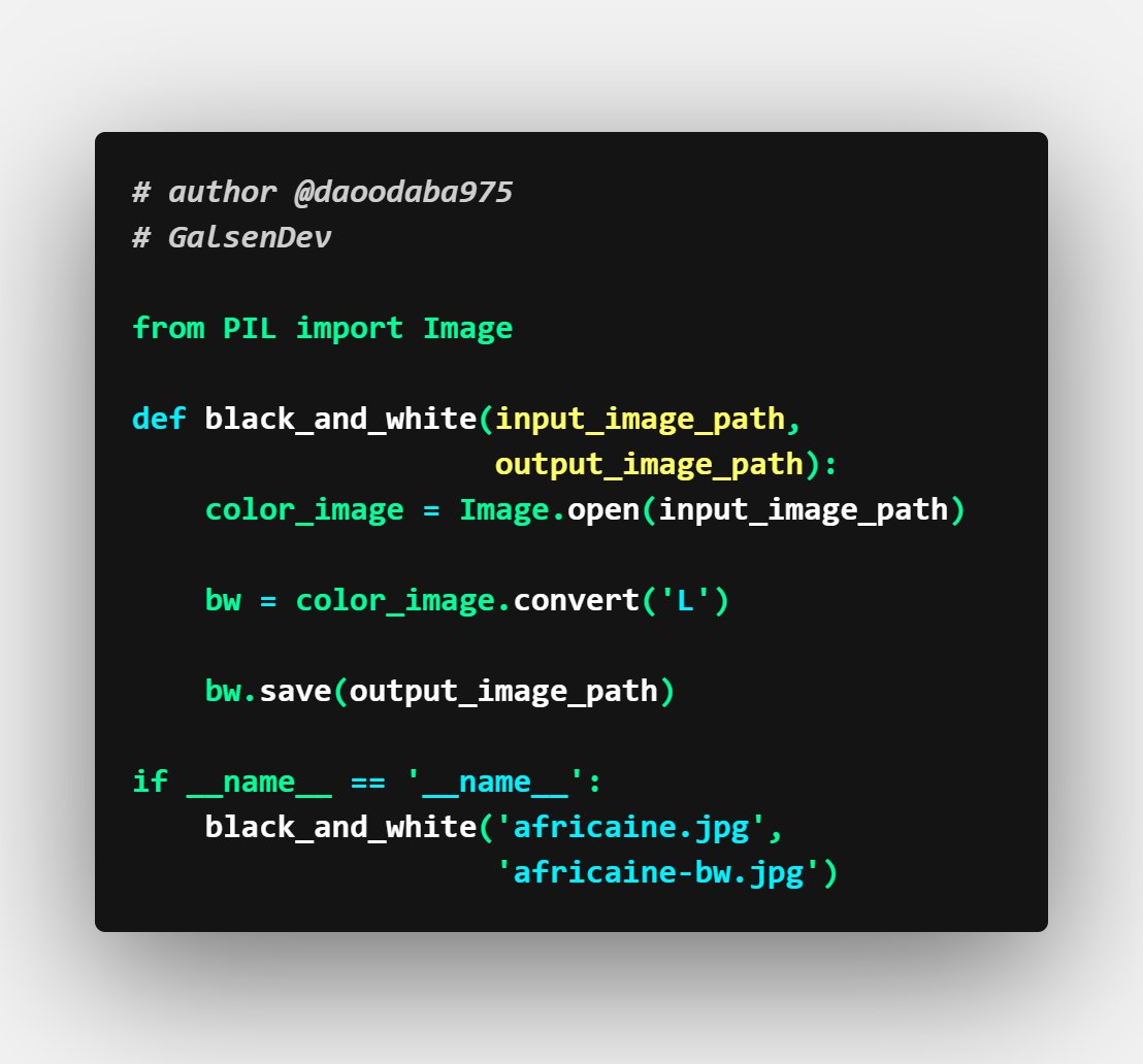 galsendev's tweet photo. #PythonWeekly #Python 

WEEK 3

Ce script Python permet de transformer une copie d'une image en couleur 🎨 en une image en noir et blanc ⚫⚪ https://t.co/hS3kdIiMEm