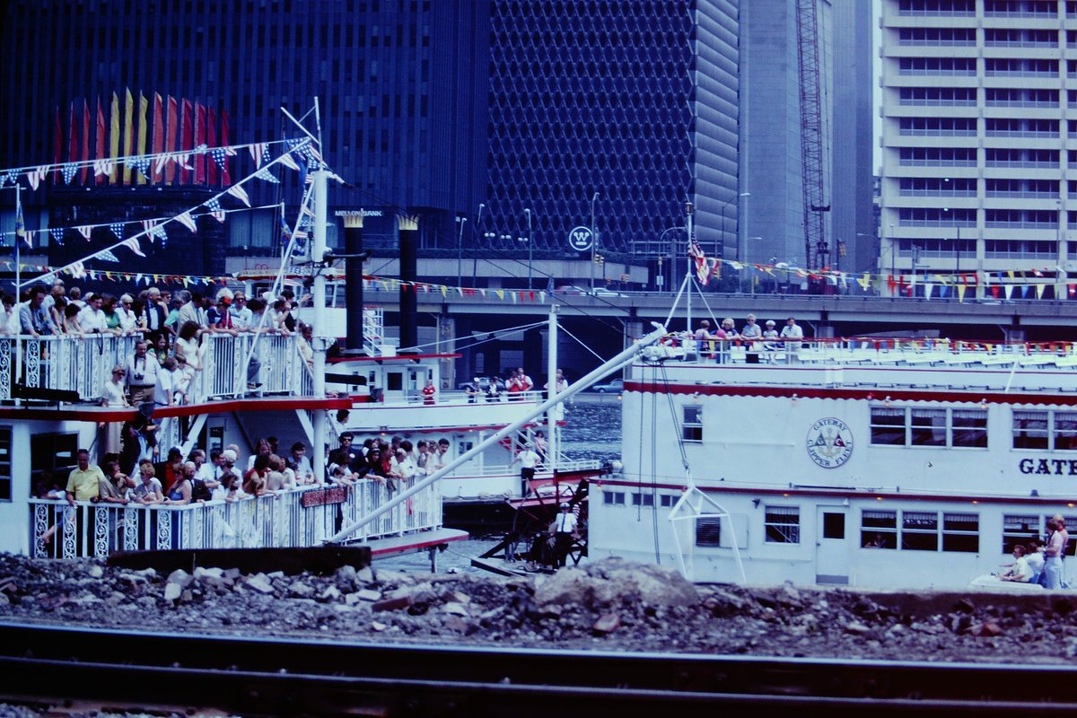 Pittsburgh shots - Party liner with three rivers in the background, Gateway Clipper Ribbon cutting, and the construction of Oxford Center