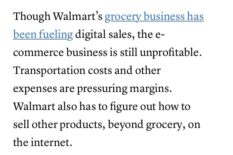 Let’s examine pre-COVID eCom performance of a few major retailers. First up: WalmartWalmart eCom grew by 37% last year which was driven largely by grocery, but at $50B in revs their eCom segment continues to be unprofitable as noted below in a CNBC report by  @laurenthomas