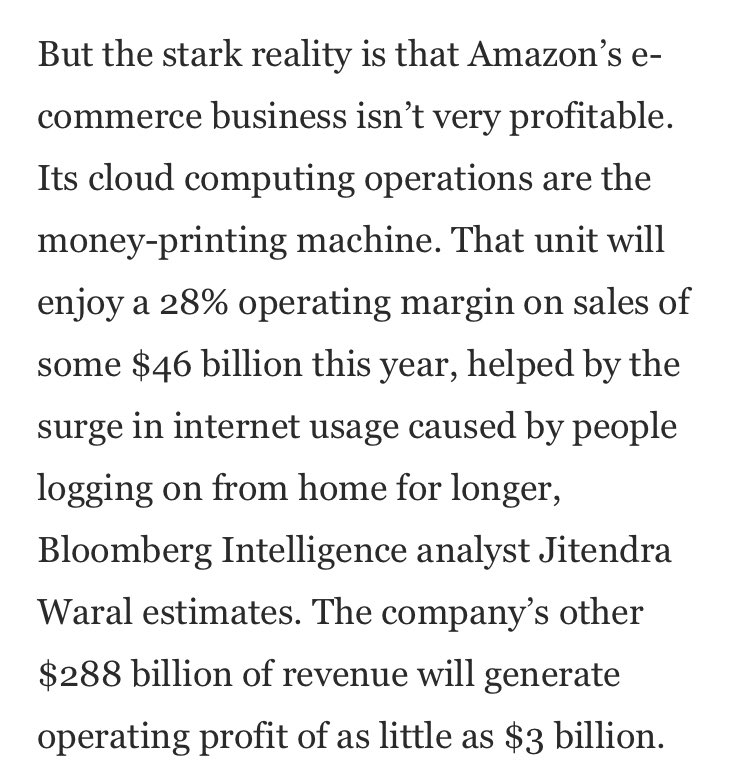 Next up: AmazonAmazon generated $160.4B in eCom merchandise sales (of $280B top-line Revs).Amazon doesn’t report Ecom specific net income, but overall Amazon generated earnings of $14.5B in 2019Important context:AWS Net income: $9.2BPrime Membership Fees: $19B