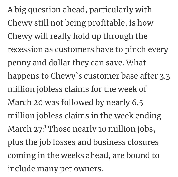 Lastly: ChewyThe largest eCom Pet retailer IPOd in June of last yearIn the most recent quarter (Q4) Chewy generated 1.35B in sales and lost $61MIn fact, the retailer has never posted a single dollar of profit in its history